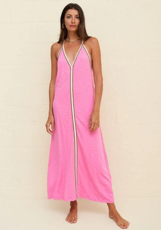 Pima Inca Dress Bubblegum by Pitusa, featuring a soft semi-sheer jersey fabric and a beautiful embroidered neckline.