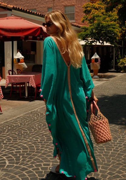 Colour Block Pom Pom Kaftan Teal