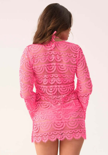 Tulip Noah Tunic by PQ Swim, vibrant neon pink lace tunic showcasing a stylish back view, perfect for beach outings.