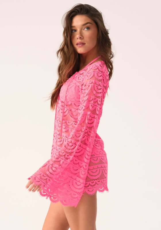 Tulip Noah Tunic by PQ Swim in neon pink lace, flowy and stylish, perfect for casual outings or the beach.