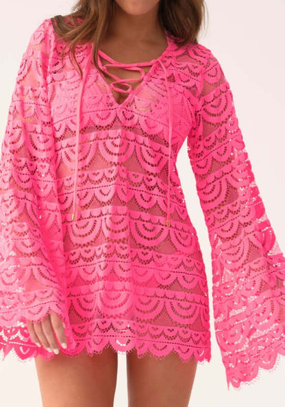 Tulip Noah Tunic by PQ Swim in neon pink lace, featuring flowy sleeves, perfect for beach outings.