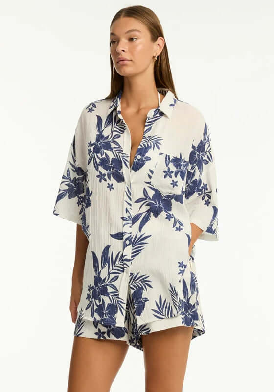 Aloha Beach Shirt Ivory by Sea Level featuring a floral design, short sleeves, and button detailing for beach days.