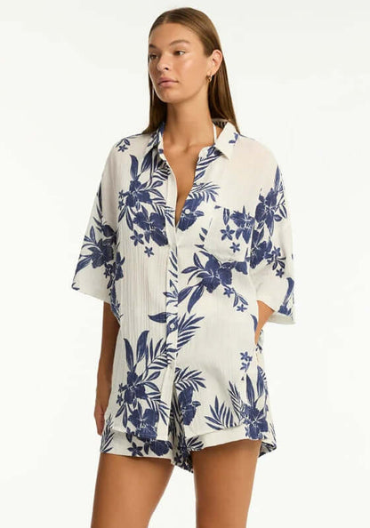 Aloha Beach Shirt Ivory by Sea Level featuring a floral design, short sleeves, and button detailing for beach days.