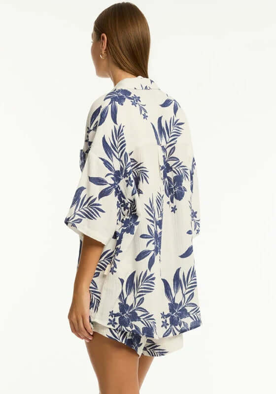 Aloha Beach Shirt Ivory by Sea Level, showing the back view with a floral navy print and short sleeves.