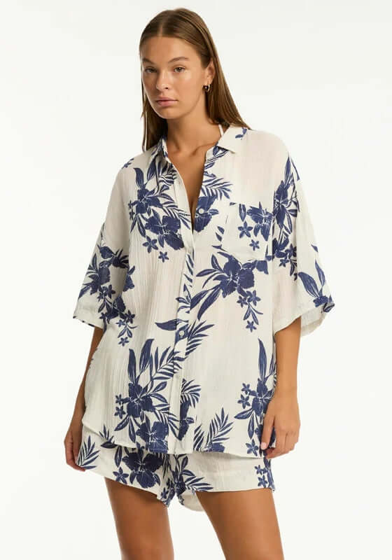 Aloha Beach Shirt Ivory by Sea Level featuring floral design, button detailing, and short sleeves, perfect for beach days.