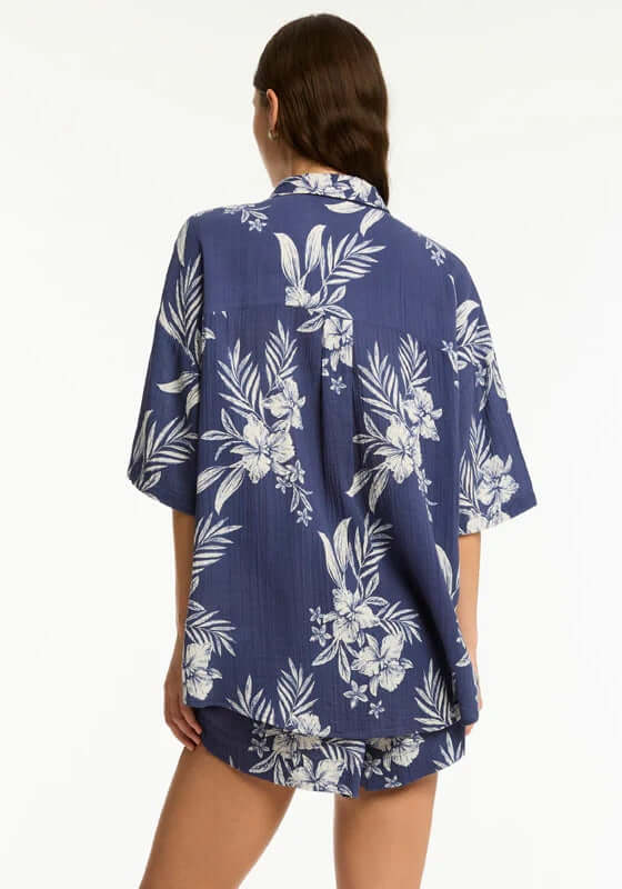 Aloha Beach Shirt French Navy by Sea Level, showcasing a floral pattern and relaxed fit for beach days.