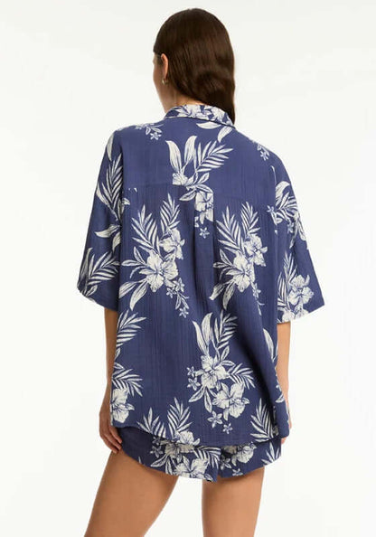 Aloha Beach Shirt French Navy by Sea Level, showcasing a floral pattern and relaxed fit for beach days.