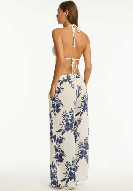 Aloha Beach Trousers Ivory by Sea Level, showcasing a relaxed fit with navy floral print, ideal for beach days.