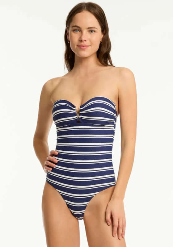 Biarritz V Bar Bandeau Swimsuit by Sea Level, featuring navy stripes and a stylish strapless design.