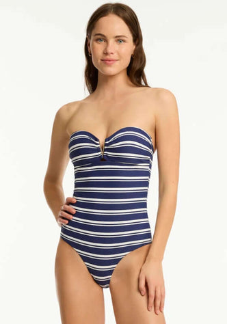 Biarritz V Bar Bandeau Swimsuit by Sea Level, featuring navy stripes and a stylish strapless design.