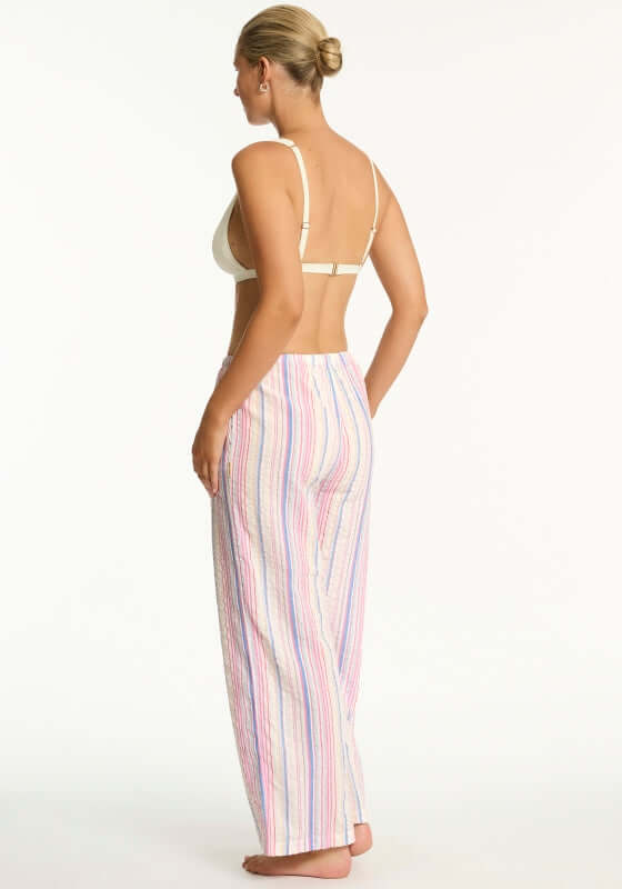 Boho Stripe Beach Trousers Blue by Sea Level, featuring wide-leg design and breathable cotton, perfect for beach wear.