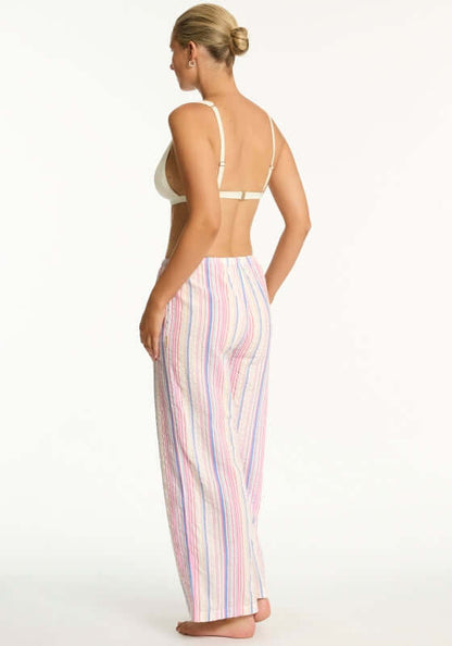 Boho Stripe Beach Trousers Blue by Sea Level, featuring wide-leg design and breathable cotton, perfect for beach wear.