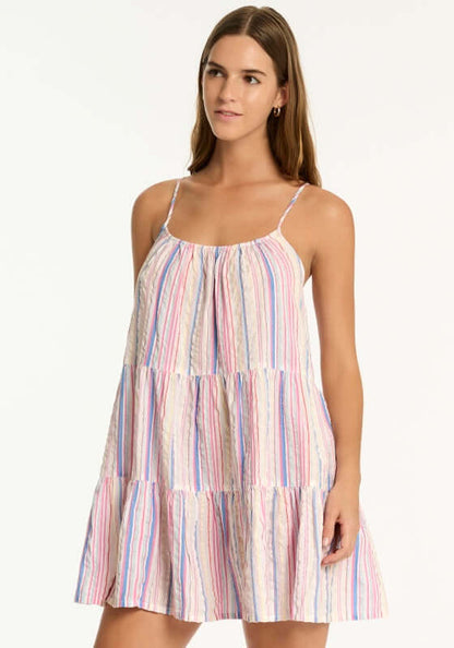 Boho Stripe Beach Dress Blue by Sea Level, lightweight summer dress with playful stripes and flattering tie-back detail.