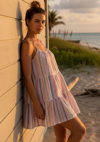 Boho Stripe Beach Dress Blue by Sea Level, model wearing lightweight striped dress, standing by beach at sunset.
