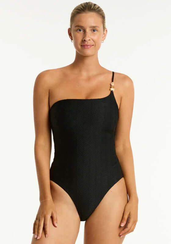 sea level black textured one shoulder swimsuit
