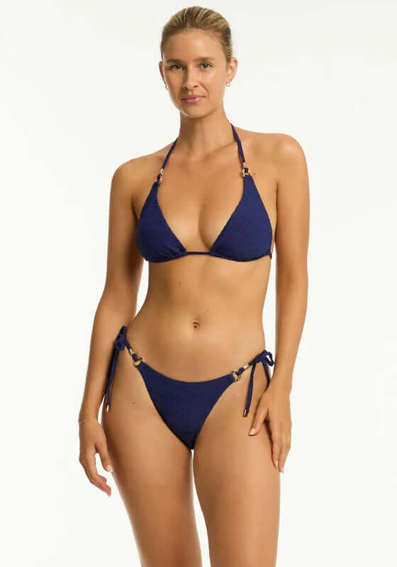 De Soleil Triangle Bikini French Navy by Sea Level, featuring adjustable halter and side tie bikini bottoms.