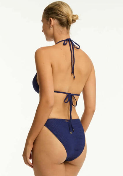 De Soleil Triangle Bikini French Navy by Sea Level, showcasing the back view with adjustable halter straps and luxurious rib fabric.