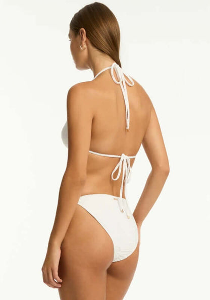 De Soleil Triangle Bikini White by Sea Level, back view showcasing adjustable halter straps and luxurious rib fabric.