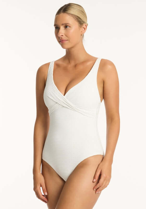 Spinnaker Cross Front Swimsuit White by Sea Level, showcasing v neckline, cross front detailing, and adjustable straps.