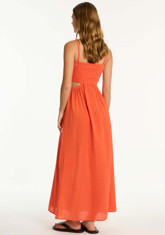 Sunset Bandeau Dress Flame by Sea Level back view of the breathable cotton beach dress in red flame.