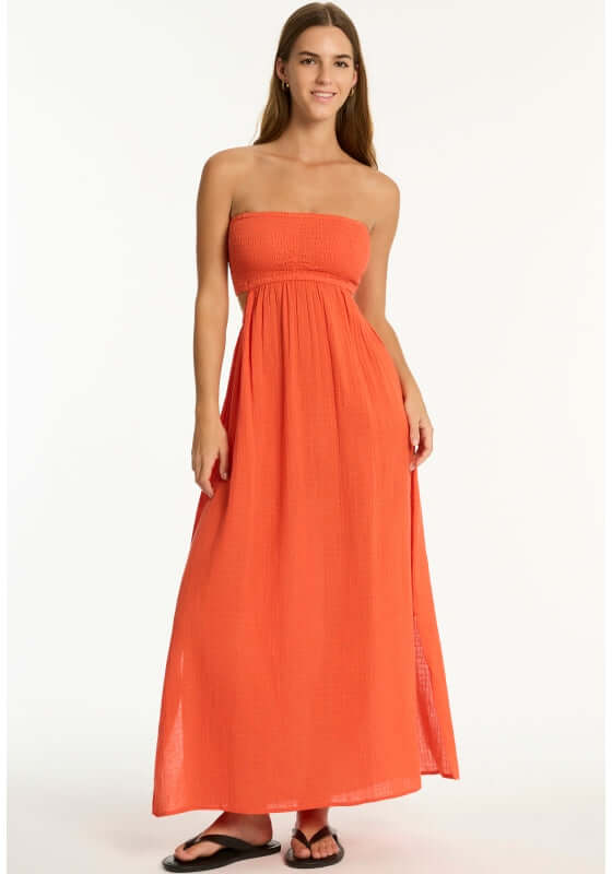 Sunset Bandeau Dress Flame by Sea Level, a red flame beach dress showcasing a breathable cheesecloth cotton fabric.