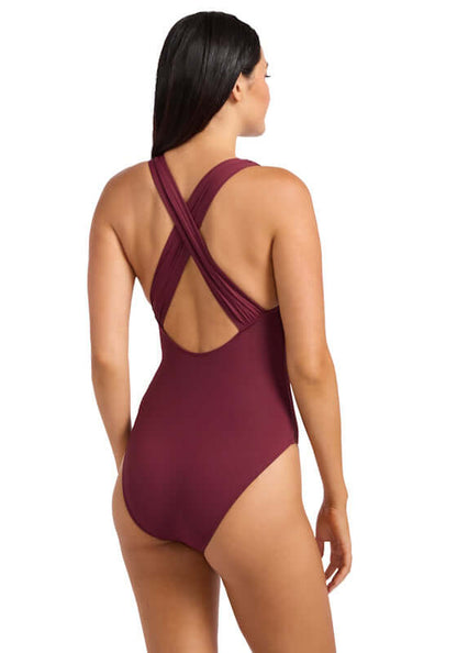 Cross Back Swimsuit Burgundy by Seafolly, showcasing the stylish cross back design and elegant fit.