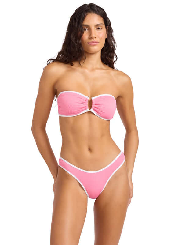 Beach Bound Bandeau Bikini Begonia Pink by Farm Rio featuring chic bandeau top with a ring detail and ecru piping.