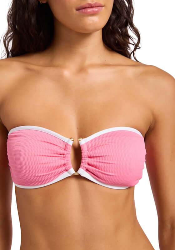 Beach Bound Bandeau Bikini Top Begonia Pink by Farm Rio, featuring a stylish pink design with a white band.