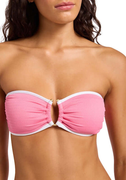 Beach Bound Bandeau Bikini Top Begonia Pink by Farm Rio, featuring a stylish pink design with a white band.