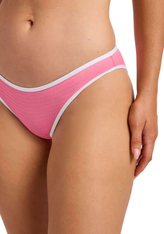 Beach Bound Hipster Bikini Bottoms Begonia Pink by Farm Rio, featuring a stylish pink design with white trim.