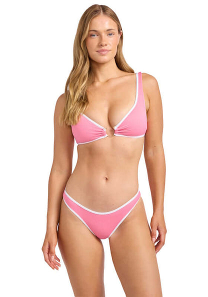 Beach Bound Ring Front Tank Bikini Begonia Pink by Farm Rio, featuring a model wearing a ring front tank bikini in begonia pink.