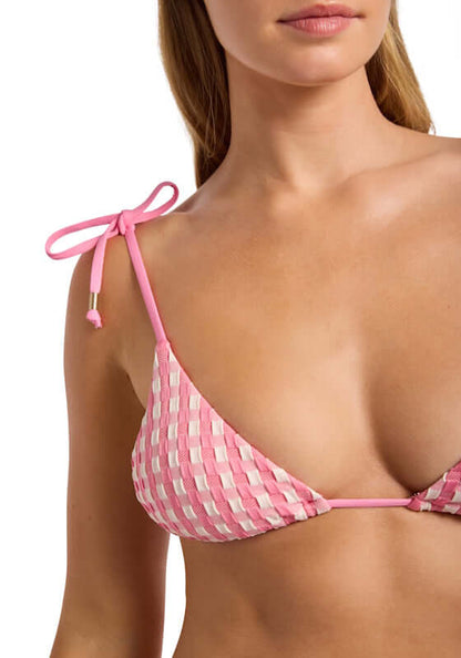 Bella Triangle Bikini Top Begonia Pink by Seafolly, close-up of a pink woven bikini top with adjustable ties.