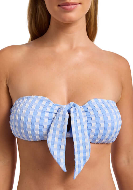 Bella Bandeau Bikini Top Cornflower by Seafolly, featuring a stylish blue checkered design with a tied front.