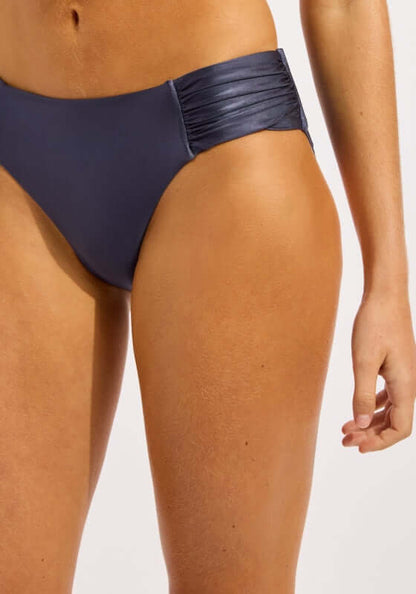Belle Ruched Side Retro Bikini Bottoms Indigo by Seafolly, featuring a stylish ruched side detail in an indigo color.