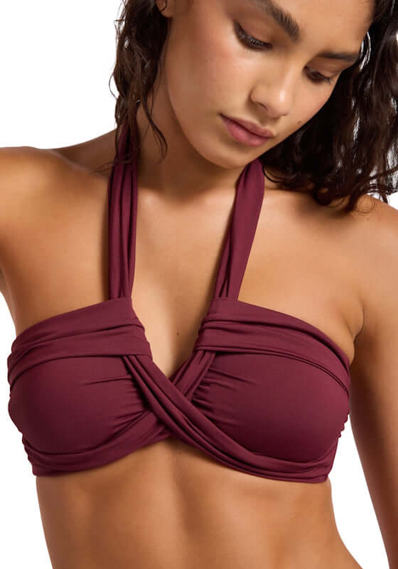 Goddess Bandeau Bikini Top Burgundy by Seafolly, featuring a stylish burgundy bandeau design that emphasizes elegance.