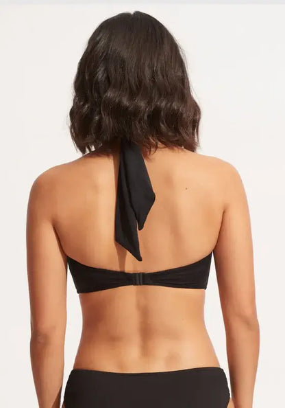 Goddess Bandeau Bikini Black by Seafolly, showcasing the back view with halterneck tie and medium coverage bottoms.