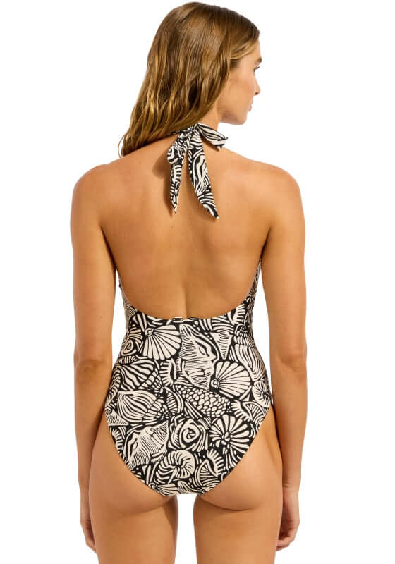 Black C Shells Ring Front Halter Swimsuit by Seafolly showing back view with tie straps and shell print design.