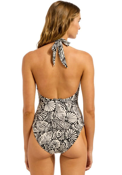 Black C Shells Ring Front Halter Swimsuit by Seafolly showing back view with tie straps and shell print design.