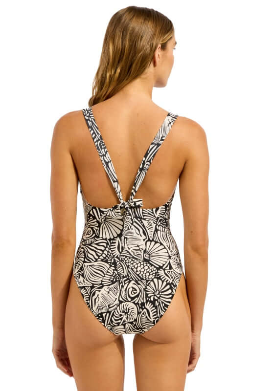 Black C Shells Ring Front Halter Swimsuit by Seafolly, showcasing the back view with adjustable straps and floral pattern.