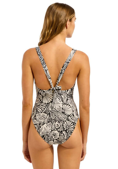Black C Shells Ring Front Halter Swimsuit by Seafolly, showcasing the back view with adjustable straps and floral pattern.
