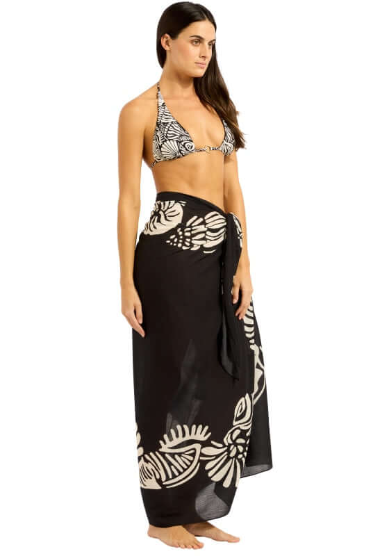 C Shells Sarong by Seafolly, featuring a lightweight black design with a shell print, perfect for beach or poolside.