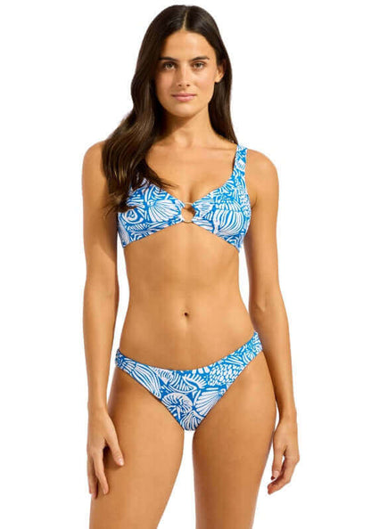 Sapphire C Shells Ring Front Tri Bra Bikini by Seafolly, featuring a blue floral pattern and stylish front ring detail.