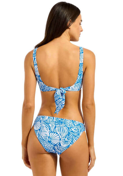 Sapphire C Shells Ring Front Tri Bra Bikini by Seafolly, showcasing the back view with a tie detail and blue floral print.