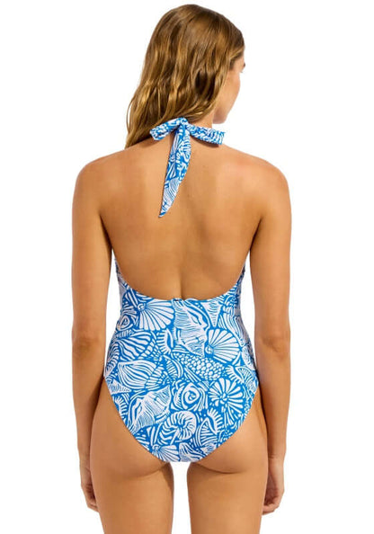 Sapphire C Shells Ring Front Halter Swimsuit by Seafolly, showcasing the back view with a tie neck and floral pattern.