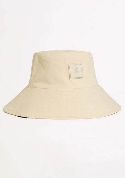 Canvas Bucket Beach Hat Sand by Seafolly, a stylish and foldable sun hat in a light sand color.