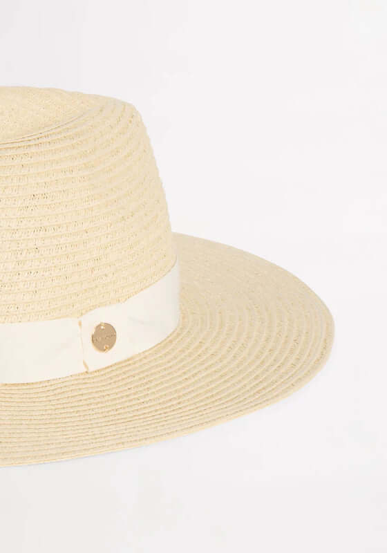 Collapsible Fedora by Seafolly, packable natural hat with 9cm brim and logo trim, perfect for beach vacations.