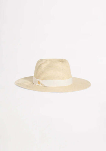 Collapsible Fedora by Seafolly, a natural beach hat with a wide brim and logo trim, perfect for travel.
