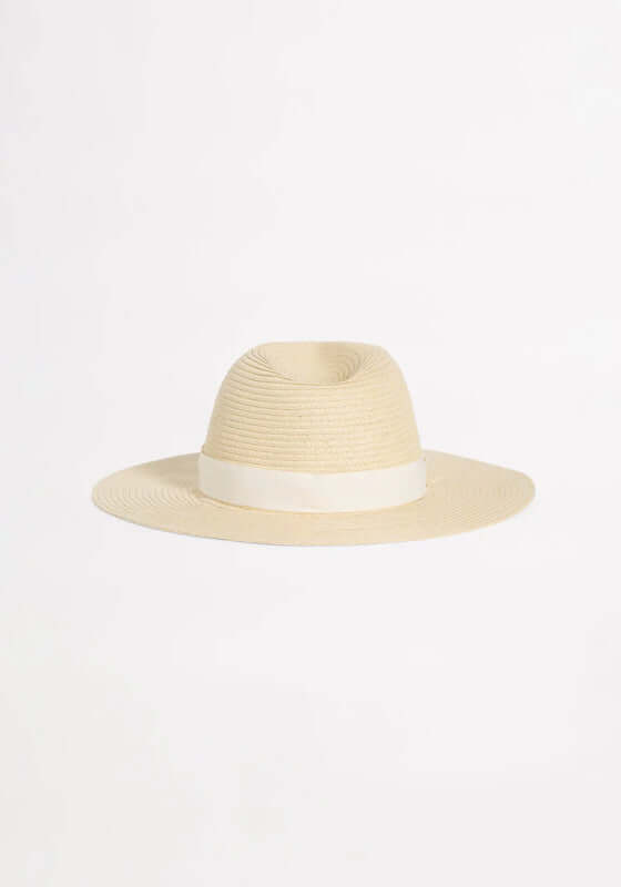 Collapsible Fedora by Seafolly, natural packable beach hat with a wide brim and logo trim.