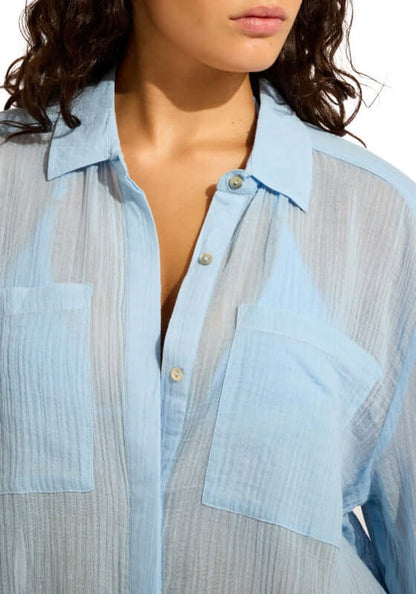 Crinkle Twill Beach Shirt Cornflower Blue by Seafolly lightweight textured fabric with relaxed fit and soft blue hue.