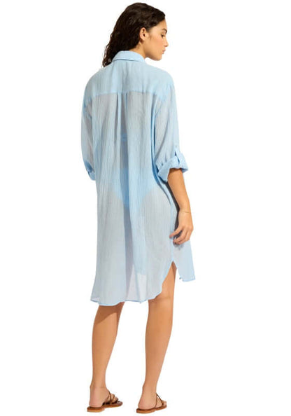 Crinkle Twill Beach Shirt Cornflower Blue by Seafolly shown from the back, featuring a relaxed fit and lightweight fabric.